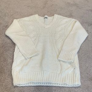V Neck Cream Colored Cable Knit Everyday Sweater